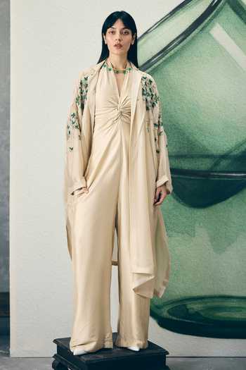 Buy_Paulmi And Harsh_Ivory Silk Organza Embroidery Notched Neck Shinju Jacket And Jumpsuit Set _at_Aza_Fashions