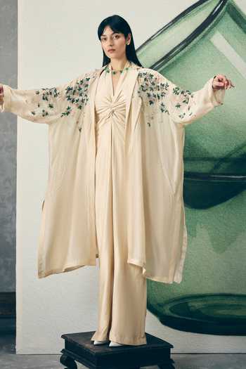 Paulmi And Harsh_Ivory Silk Organza Embroidery Notched Neck Shinju Jacket And Jumpsuit Set _Online_at_Aza_Fashions