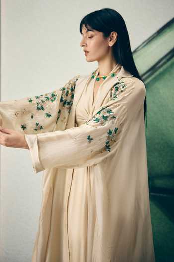 Buy_Paulmi And Harsh_Ivory Silk Organza Embroidery Notched Neck Shinju Jacket And Jumpsuit Set _Online_at_Aza_Fashions