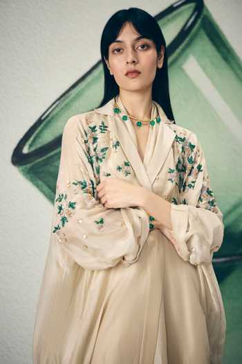 Shop_Paulmi And Harsh_Ivory Silk Organza Embroidery Notched Neck Shinju Jacket And Jumpsuit Set _Online_at_Aza_Fashions