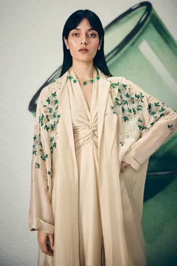 Paulmi And Harsh_Ivory Silk Organza Embroidery Notched Neck Shinju Jacket And Jumpsuit Set _at_Aza_Fashions