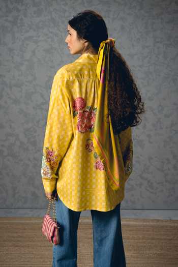 Shop_Paulmi And Harsh_Yellow Satin, Lycra Embroidery, Sequins, Beads Collared Jade Floral Print Shirt _at_Aza_Fashions
