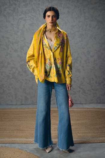 Paulmi And Harsh_Yellow Satin, Lycra Embroidery, Sequins, Beads Collared Jade Floral Print Shirt _Online_at_Aza_Fashions