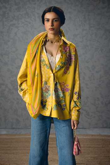 Buy_Paulmi And Harsh_Yellow Satin, Lycra Embroidery, Sequins, Beads Collared Jade Floral Print Shirt _at_Aza_Fashions