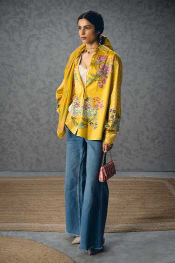 Buy_Paulmi And Harsh_Yellow Satin, Lycra Embroidery, Sequins, Beads Collared Jade Floral Print Shirt _Online_at_Aza_Fashions