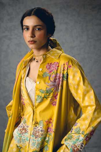 Shop_Paulmi And Harsh_Yellow Satin, Lycra Embroidery, Sequins, Beads Collared Jade Floral Print Shirt _Online_at_Aza_Fashions