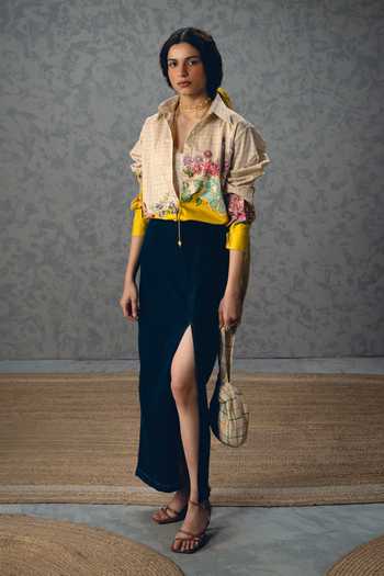 Paulmi And Harsh_Yellow Satin, Lycra Embroidery Collared Jade Checkered Shirt _Online_at_Aza_Fashions