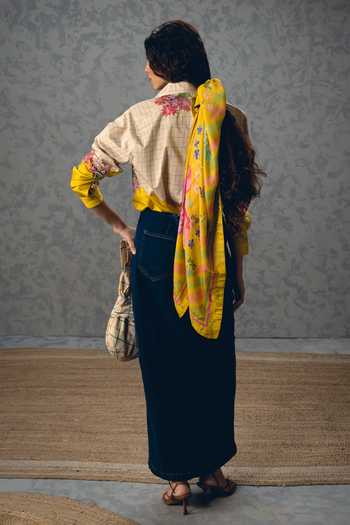 Shop_Paulmi And Harsh_Yellow Satin, Lycra Embroidery Collared Jade Checkered Shirt _at_Aza_Fashions