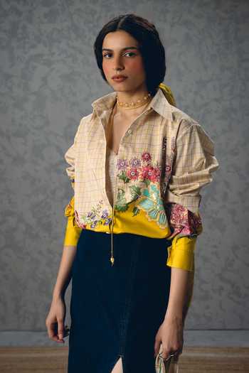 Buy_Paulmi And Harsh_Yellow Satin, Lycra Embroidery Collared Jade Checkered Shirt _at_Aza_Fashions