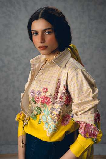 Buy_Paulmi And Harsh_Yellow Satin, Lycra Embroidery Collared Jade Checkered Shirt _Online_at_Aza_Fashions