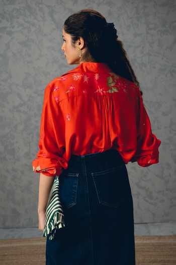 Shop_Paulmi And Harsh_Orange Silk, Cotton Embroidery Collared Jade Printed Shirt _at_Aza_Fashions