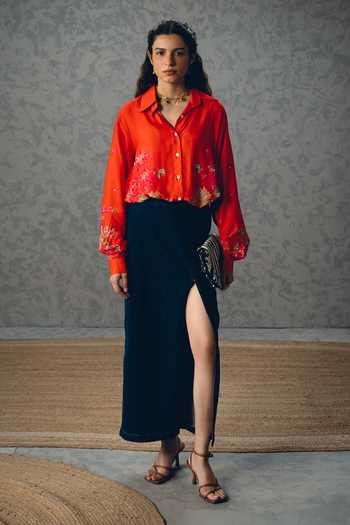 Paulmi And Harsh_Orange Silk, Cotton Embroidery Collared Jade Printed Shirt _Online_at_Aza_Fashions