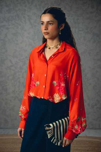 Buy_Paulmi And Harsh_Orange Silk, Cotton Embroidery Collared Jade Printed Shirt _Online_at_Aza_Fashions