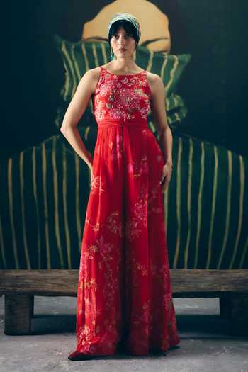 Shop_Paulmi And Harsh_Red Alaya Embroidered And Printed Jumpsuit _Online_at_Aza_Fashions