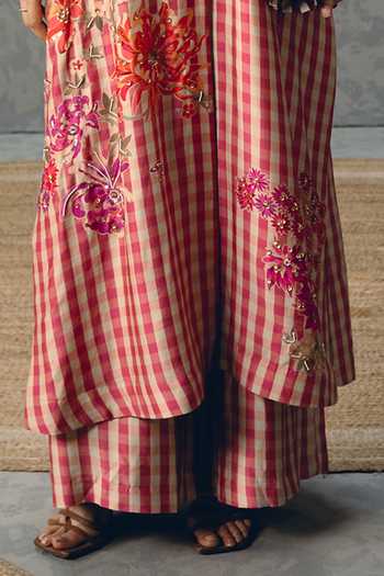 Paulmi And Harsh_Pink Modal, Silk Embroidery V-neck Emy Gingham Kurta And Palazzo Set _Online_at_Aza_Fashions