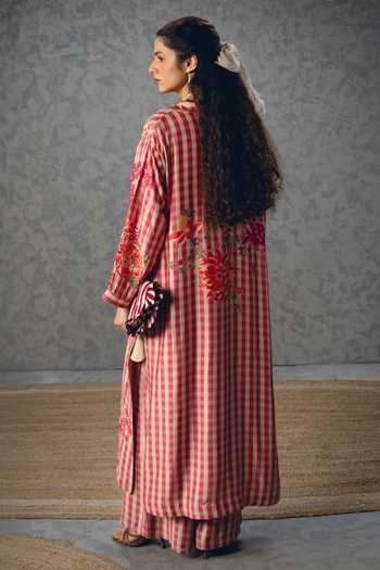 Shop_Paulmi And Harsh_Pink Modal, Silk Embroidery V-neck Emy Gingham Kurta And Palazzo Set _at_Aza_Fashions