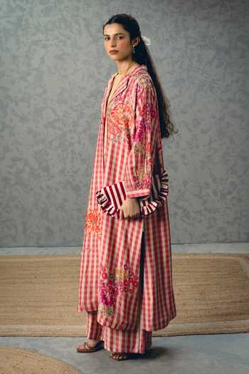 Buy_Paulmi And Harsh_Pink Modal, Silk Embroidery V-neck Emy Gingham Kurta And Palazzo Set _Online_at_Aza_Fashions
