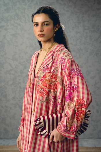 Shop_Paulmi And Harsh_Pink Modal, Silk Embroidery V-neck Emy Gingham Kurta And Palazzo Set _Online_at_Aza_Fashions