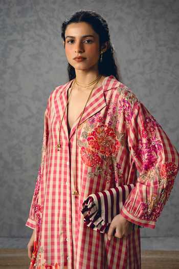 Paulmi And Harsh_Pink Modal, Silk Embroidery V-neck Emy Gingham Kurta And Palazzo Set _at_Aza_Fashions