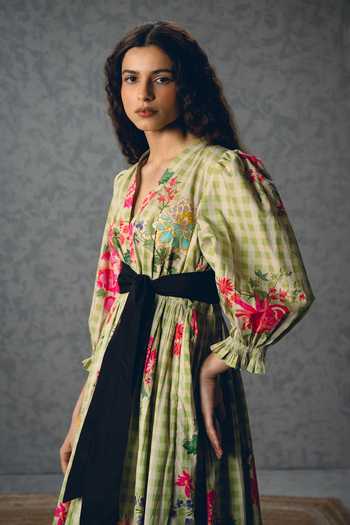 Paulmi And Harsh_Green Poplin V-neck Anna Checkered And Floral Print Dress _Online_at_Aza_Fashions