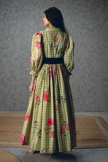 Shop_Paulmi And Harsh_Green Poplin V-neck Anna Checkered And Floral Print Dress _at_Aza_Fashions