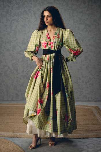 Buy_Paulmi And Harsh_Green Poplin V-neck Anna Checkered And Floral Print Dress _at_Aza_Fashions