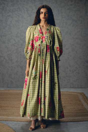 Buy_Paulmi And Harsh_Green Poplin V-neck Anna Checkered And Floral Print Dress _Online_at_Aza_Fashions