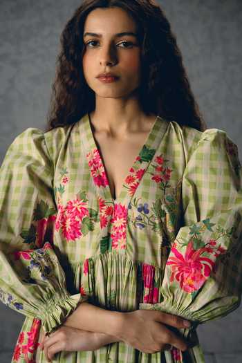 Shop_Paulmi And Harsh_Green Poplin V-neck Anna Checkered And Floral Print Dress _Online_at_Aza_Fashions