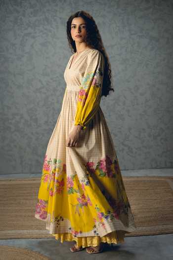 Paulmi And Harsh_Ivory Poplin V-neck Elena Floral Print Puff Sleeve Dress _Online_at_Aza_Fashions