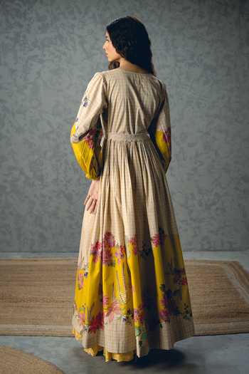 Shop_Paulmi And Harsh_Ivory Poplin V-neck Elena Floral Print Puff Sleeve Dress _at_Aza_Fashions