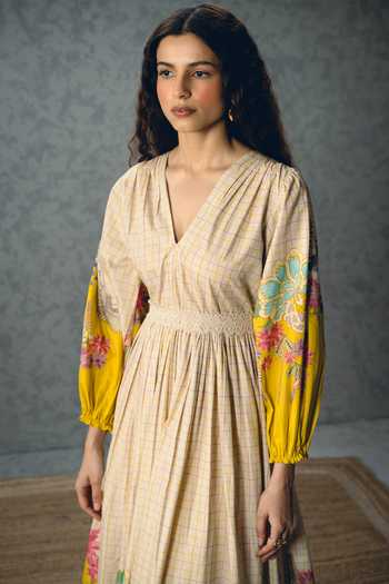 Buy_Paulmi And Harsh_Ivory Poplin V-neck Elena Floral Print Puff Sleeve Dress _Online_at_Aza_Fashions