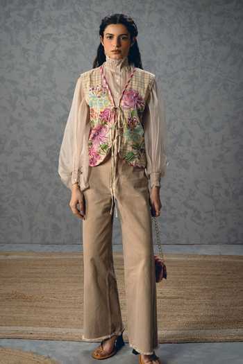 Paulmi And Harsh_Multi Color Satin, Lycra V-neck Lea Fleur Printed Vest _Online_at_Aza_Fashions