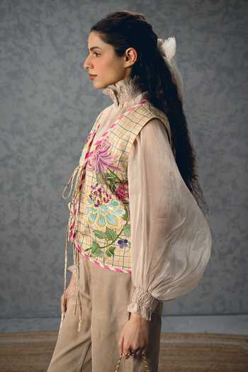 Buy_Paulmi And Harsh_Multi Color Satin, Lycra V-neck Lea Fleur Printed Vest _Online_at_Aza_Fashions