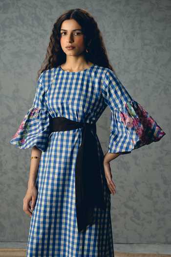 Paulmi And Harsh_Blue Poplin Round Neck Yutori Checkered Dress _Online_at_Aza_Fashions