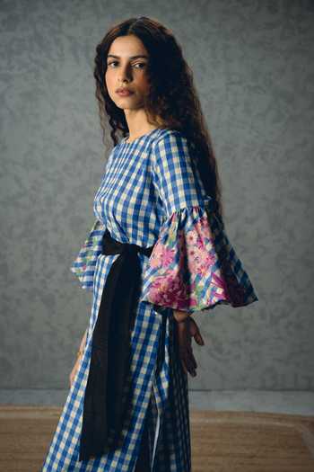Buy_Paulmi And Harsh_Blue Poplin Round Neck Yutori Checkered Dress _Online_at_Aza_Fashions