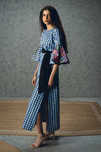 Shop_Paulmi And Harsh_Blue Poplin Round Neck Yutori Checkered Dress _Online_at_Aza_Fashions