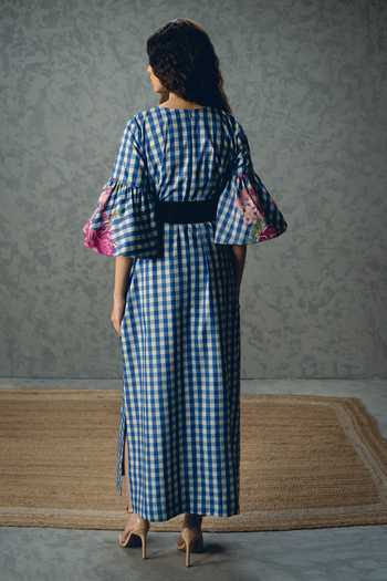 Shop_Paulmi And Harsh_Blue Poplin Round Neck Yutori Checkered Dress _at_Aza_Fashions