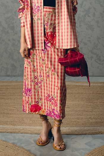 Paulmi And Harsh_Pink Satin, Lycra, Poplin Kanso Floral And Checks Print Shirt & Skirt Set _Online_at_Aza_Fashions