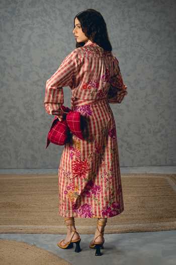 Shop_Paulmi And Harsh_Pink Satin, Lycra, Poplin Kanso Floral And Checks Print Shirt & Skirt Set _at_Aza_Fashions