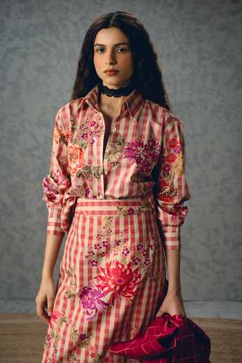 Buy_Paulmi And Harsh_Pink Satin, Lycra, Poplin Kanso Floral And Checks Print Shirt & Skirt Set _Online_at_Aza_Fashions