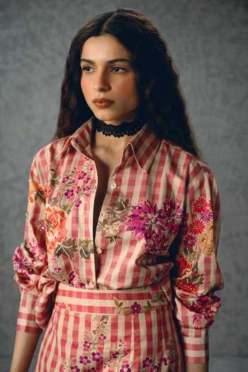 Paulmi And Harsh_Pink Satin, Lycra, Poplin Kanso Floral And Checks Print Shirt & Skirt Set _at_Aza_Fashions