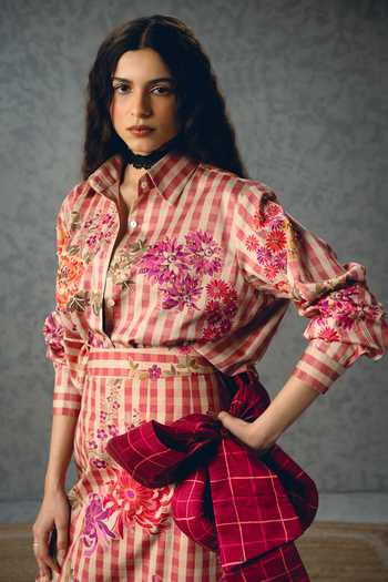 Buy_Paulmi And Harsh_Pink Satin, Lycra, Poplin Kanso Floral And Checks Print Shirt & Skirt Set 