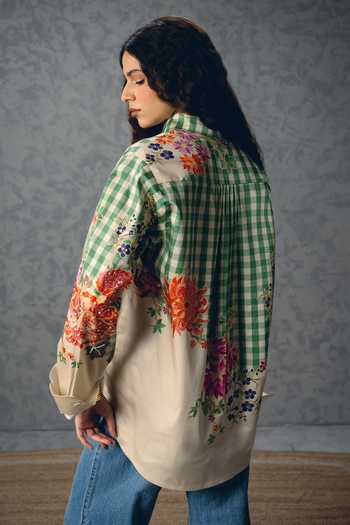 Shop_Paulmi And Harsh_Green Satin, Lycra Embroidery Collared Jade Checks And Floral Abstract Print Shirt _at_Aza_Fashions
