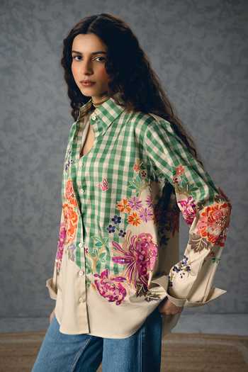 Paulmi And Harsh_Green Satin, Lycra Embroidery Collared Jade Checks And Floral Abstract Print Shirt _Online_at_Aza_Fashions
