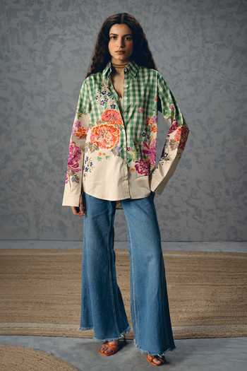 Buy_Paulmi And Harsh_Green Satin, Lycra Embroidery Collared Jade Checks And Floral Abstract Print Shirt _Online_at_Aza_Fashions