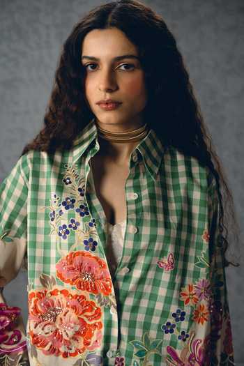 Shop_Paulmi And Harsh_Green Satin, Lycra Embroidery Collared Jade Checks And Floral Abstract Print Shirt _Online_at_Aza_Fashions