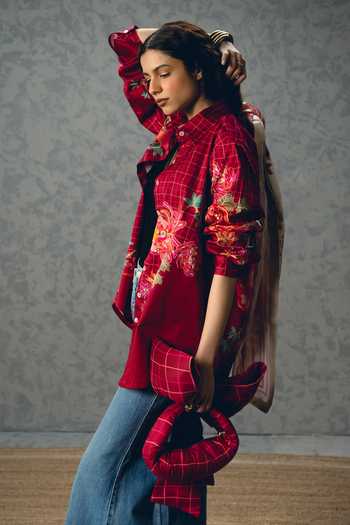 Paulmi And Harsh_Burgundy Satin, Lycra Collared Jade Checks And Floral Print Shirt _Online_at_Aza_Fashions