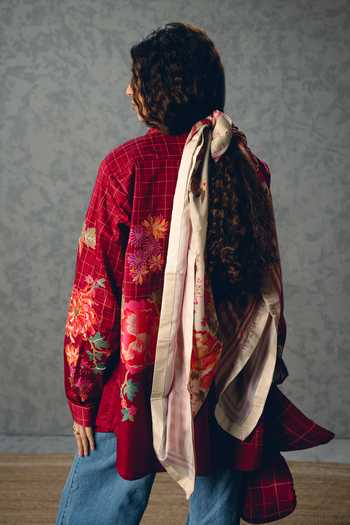 Shop_Paulmi And Harsh_Burgundy Satin, Lycra Collared Jade Checks And Floral Print Shirt _at_Aza_Fashions