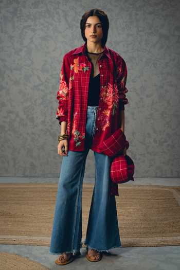 Buy_Paulmi And Harsh_Burgundy Satin, Lycra Collared Jade Checks And Floral Print Shirt _Online_at_Aza_Fashions