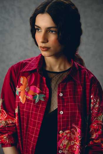 Shop_Paulmi And Harsh_Burgundy Satin, Lycra Collared Jade Checks And Floral Print Shirt _Online_at_Aza_Fashions